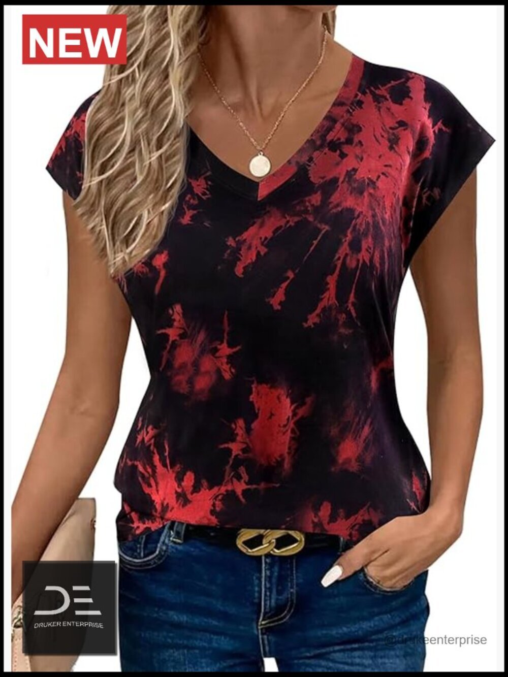 V Neck Cap Sleeve Graphic Tee Loose Fit Casual Summer Top
